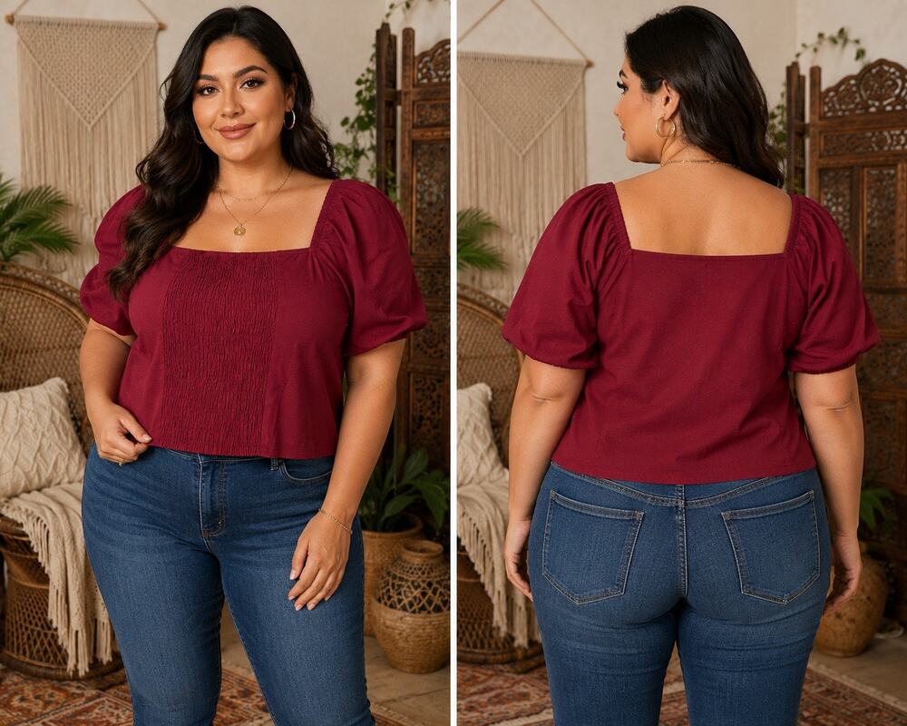 INC International Concepts Burgundy Puff Sleeve Smocked Crop Top Women’s 2X NWT